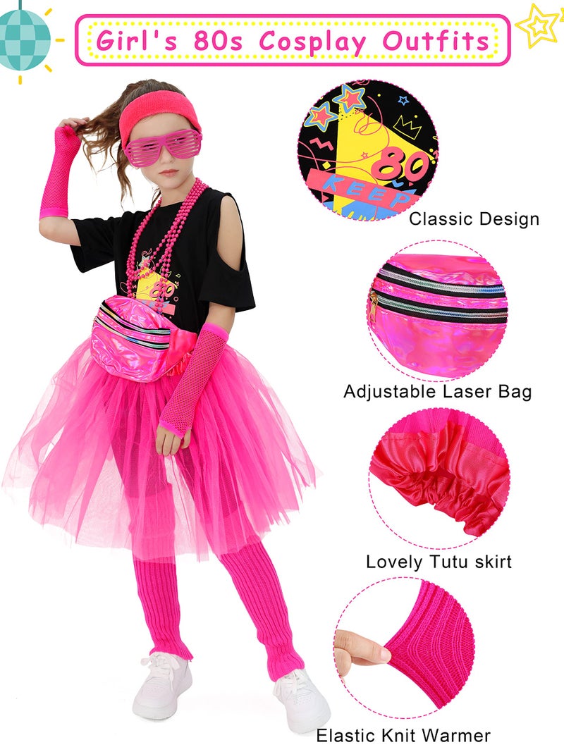 SOMSOC 13 Pieces Kids 80s Costume Accessories Set Girl's 80s Cosplay T-shirt Tutu Outfit Headband Necklace Gloves Leg Warmer - Image 4